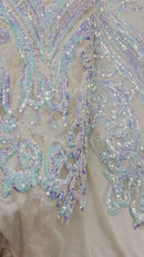 Aqua Iridescent Sequins Fabric on Lt Nude Mesh, Damask Design 4Way Stretch Sequin By The Yard