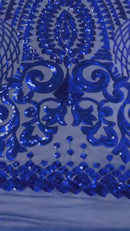 Geometric Design Fabric - Royal Blue - 4 Way Stretch Embroidered Design Sequins Fabric By Yard