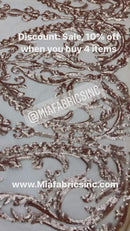 Matte Gold Sequin Fabric On a Mesh 4 Way Stretch, Sequins Fabric Damask Design By The Yard