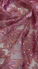 Holographic Floral Lace - Dusty Rose - Flower Sequins Lace Design w/ Metallic Thread by Yard