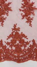 Fancy Border Cluster Fabric - Red - Embroidered Beaded Flower Lace Design on Mesh Yard