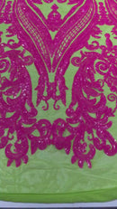 Damask Sequins - Hot Pink on Lime Green - Damask Sequin Design on 4 Way Stretch Fabric By Yard