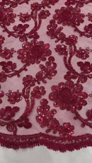Floral Embroidered Lace - Burgundy - Floral Corded Lace With Sequins Sold By Yard