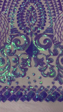 Geometric Design Fabric - Lavender - 4 Way Stretch Embroidered Design Sequins Fabric By Yard