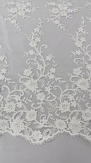 Beaded Fancy Floral Cluster - White - Embroidered Glamorous Floral Design by Yard