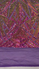 Sequins Fabric - Iridescent Purple - Geometric Pattern Design 4 Way Stretch Sold By Yard