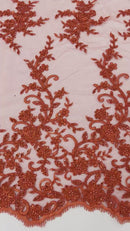 Beaded Fancy Floral Cluster - Red - Embroidered Glamorous Floral Design by Yard