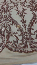 Rose Gold Sequin Fabric On a Mesh 4 Way Stretch, Sequins Fabric Damask Design By The Yard