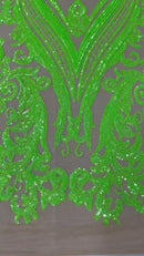 Damask Sequins - Neon Green on Nude - Damask Sequin Design on 4 Way Stretch Fabric By Yard