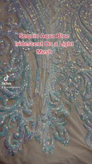 Aqua Iridescent Sequins Fabric on Light Nude Mesh - by the yard - Damask Design 4 Way Stretch Sequin Fabric