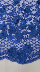 3D Triangle Floral Pearl Fabric - Royal Blue - 3D Embroidered Floral Design on Lace Mesh By Yard
