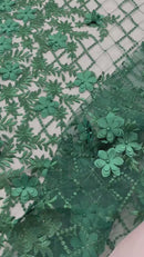 3D Triangle Floral Pearl Fabric - Hunter Green - 3D Embroidered Floral Design on Lace Mesh By Yard