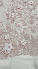 New Pink 3D Floral Design Embroider and Beaded With Pearls On a Mesh Lace-Prom-Dresses-Nightgown-Apparel-Fashion By The Yard