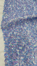 Blue/Lilac Sequins Fabric on White Stretch Velvet - By The Yard - all Over 5mm Sequins 58”/60