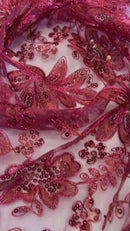 Holographic Floral Lace - Burgundy - Flower Sequins Lace Design w/ Metallic Thread by Yard