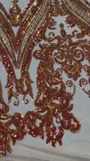 Iridescent Orange Sequins Fabric, Damask Design 4 Way Stretch Sequin Fabric on a Nude Spandex Mesh-Prom-Gown By The Yard