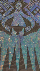 Aqua/Blue Iridescent Sequin Fabric, by the yard - Black Mesh 4 Way Stretch Aztec Design