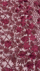 3D Triangle Floral Pearl Fabric - Burgundy - 3D Embroidered Floral Design on Lace Mesh By Yard