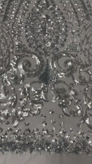 Geometric Design Fabric - Silver - 4 Way Stretch Embroidered Design Sequins Fabric By Yard