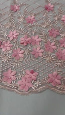 3D Triangle Floral Pearl Fabric - Pink - 3D Embroidered Floral Design on Lace Mesh By Yard