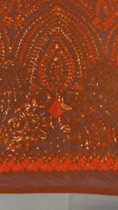 Geometric Design Fabric - Orange - 4 Way Stretch Embroidered Design Sequins Fabric By Yard