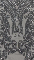 Damask Sequins - Silver - Damask Sequin Design on 4 Way Stretch Fabric By Yard