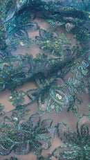 Holographic Floral Lace - Turquoise - Flower Sequins Lace Design w/ Metallic Thread by Yard