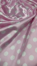 Polka Dot Satin Fabric - White on Pink -  3/4" Inch Soft Silky Satin Polka Dot Fabric Sold By Yard