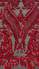 Damask Sequins - Red on Black - Damask Sequin Design on 4 Way Stretch Fabric By Yard