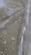 Floral Embroidered Lace - White - Floral Corded Lace With Sequins Sold By Yard