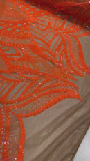 Orange Sequin Fabric On Nude Mesh  4 Way Stretch Royalty Lace Sequin By Yard