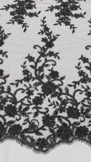 Beaded Fancy Floral Cluster - Black - Embroidered Glamorous Floral Design by Yard