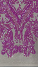 Damask Sequins - Candy Pink - Damask Sequin Design on 4 Way Stretch Fabric By Yard