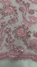 Floral Embroidered Lace - Pink - Floral Corded Lace With Sequins Sold By Yard