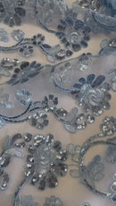 Floral Embroidered Lace - Blue - Floral Corded Lace With Sequins Sold By Yard