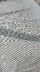 Fishnet Iridescent Rhinestones Fabric - Baby Blue - Spandex Fabric Fish Net with Crystal Stones by Yard