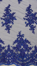 Fancy Border Cluster Fabric - Royal Blue - Embroidered Beaded Flower Lace Design on Mesh Yard