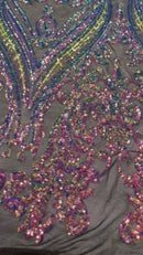 Rainbow Iridescent Sequins Fabric Damask Design 4 Way Stretch Sequin Fabric Sold By The Yard