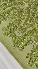 Damask Sequins - Olive - Damask Sequin Design on 4 Way Stretch Fabric By Yard