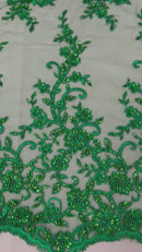 Beaded Fancy Floral Cluster - Emerald Green - Embroidered Glamorous Floral Design by Yard