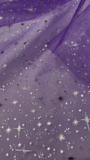 Foil Star Sheer Organza - Silver On Purple - 60" Sheer Silver Star Organza Fabric Sold By Yard