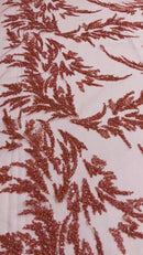 Plant Cluster Fabric - Red - Beaded Embroidered Leaf Plant Design on Lace Mesh By Yard