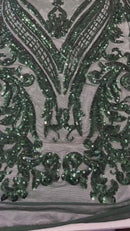 Hunter Green Sequins Fabric on Mesh, Damask Design 4 Way Stretch Sequin Fabric Sold By The Yard