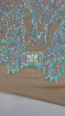 Damask Sequins - Aqua/Blue on Blush Mesh
