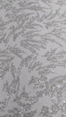 Plant Cluster Fabric - White - Beaded Embroidered Leaf Plant Design on Lace Mesh By Yard