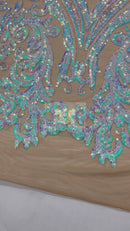 Aqua Iridescent Sequins Fabric Damask Design 4 Way Stretch Sequin Fabric Sold By The Yard