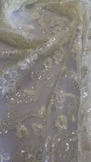 Floral Embroidered Lace - Ivory - Floral Corded Lace With Sequins Sold By Yard