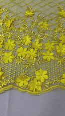 3D Triangle Floral Pearl Fabric - Yellow - 3D Embroidered Floral Design on Lace Mesh By Yard