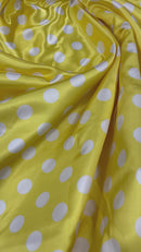 Polka Dot Satin Fabric - White on Yellow -  3/4" Inch Soft Silky Satin Polka Dot Fabric Sold By Yard