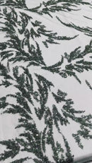 Plant Cluster Fabric - Hunter Green - Beaded Embroidered Leaf Plant Design on Lace Mesh By Yard